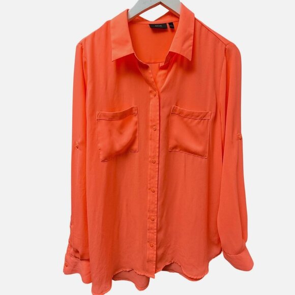 APT 9 Neon Orange Blouse Large Long Sleeve Button Up Womens Bright Top - Picture 1 of 7